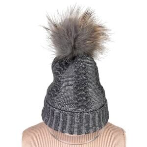 Gray Winter Pom Pom Beanie Hat Fur Trim Cuffed Cable Knit Stretch Regular Fit